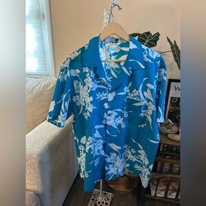 Vintage Helena's Blue Hibiscus Floral Hawaiian Camp Shirt Size XL Mens Aloha